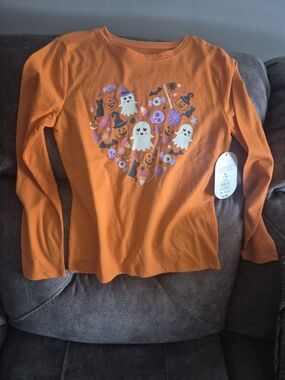 wonder nation Orange Halloween Heart Ghosts Long Sleeve Tee